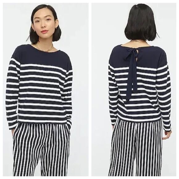 J.Crew Women's Mariner Cloth Bow Back Striped Long Sleeve Top in Navy & White S - Picture 2 of 12